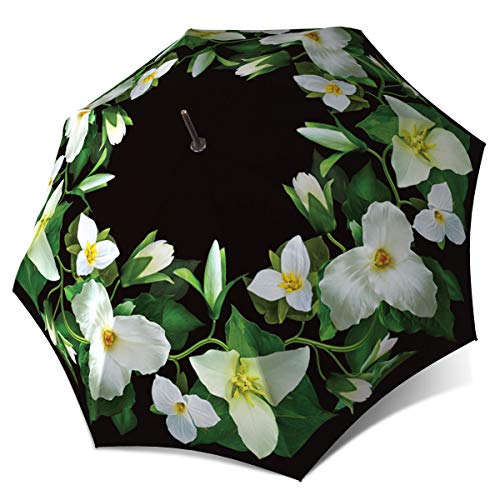 Flower Umbrella Black White Trillium Design - Umbrella Oversized Windproof - Walking Stick Designer Umbrella for Ladies - Large Rain Umbrella with Curved Handle - Durable Fashion Umbrella