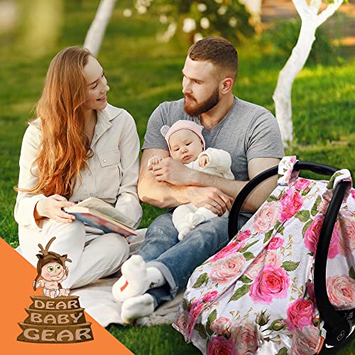 Image of Dear Baby Gear Car Seat Cover for Boys & Girls - Baby Carseat Canopy w /Snap Opening - Infant Seat Cover - Stroller & Nursing Covers - Newborn Carrier Canopy - 40x30 (Pink Rose - Pink Dot)