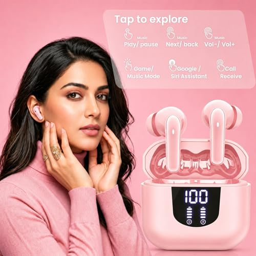 Image of Nyxo K06 Wireless Warbuds Woise Cancellation with LED Power Display, Type-C Fast Charging, 50ms Low Latency, Lightweight BT V5.4, 3D Spatial Audio, 10mm Rich Bass DriversClear Calls (Pink)
