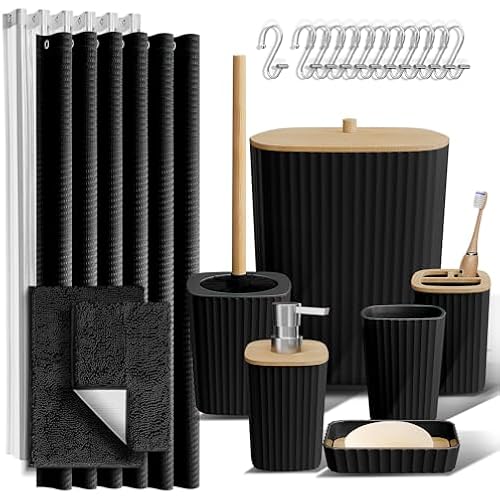Clara Clark Black Bathroom Set, Bathroom Sets with Shower Curtain and Rugs