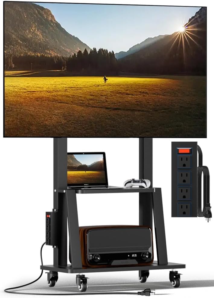 Image of Mobile TV Cart with Power Outlet, Rolling TV Stand on Wheels for 32-75 inch Television, Mobile TV Stand Height Adjustable,15 Adjustable Viewing Angle,Max 130LBS, Vesa max 600x400