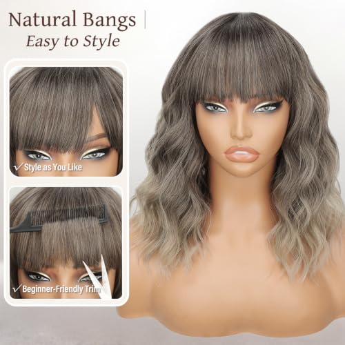 Image of Nnzes Ash Wigs for Women 16 Inch Synthetic Short Curly Wig with Bangs | Ash Brown Ombre | Natural Looking | Soft Wavy | Heat Resistant | Shoulder Length | Beginner Friendly | Daily Cosplay