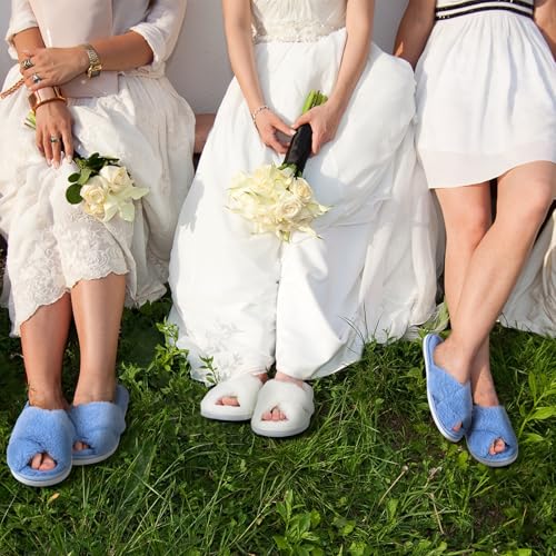 Image of Cutecrop 7 Pairs Sage Green Blue Purple Bridesmaid Slippers Women's Cross Band Fuzzy Bridal Party Slippers Bachelorette Gifts for Wedding Bridal Shower Party