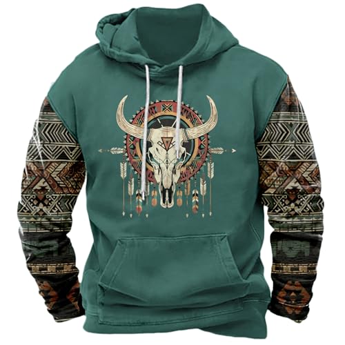 Western Hoodies Men Retro Aztec Sweatshirt Western Cow Skull Graphic Sweatshirts Casual Cowboy Hoodie Pullover Pocket