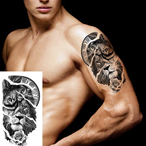 Lion Arm Sleeve Tattoos, 4-Sheet Large Lion Full Sleeve Tattoos And 4-Sheet Fake Lion Half Arm Sleeve Tattoos Sticker Makeup Props For Men Women Kids #TOP4
