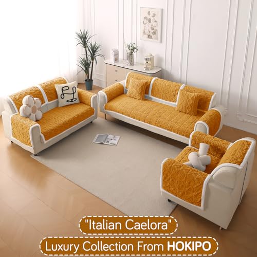 Image of HOKIPO 'Italian Caelora' Luxury Jacquard Plush Sofa Backrest Cover Mat 55x80 cm | Pack of 1 Anti Slip Backrest Mat, Honey Yellow (AR-6225-YLW)