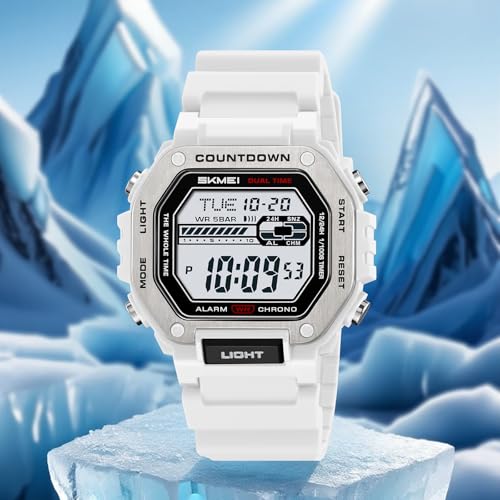 SKMEI Men's Military Digital Sports Watches Waterproof Womens Watches with Luminous Alarm Big Face for Outdoor(White)3