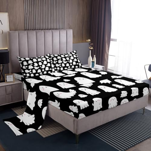 Feelyou Halloween Ghost Sheets Set Cute White Spooky Full Size Bedding Set Decoration for Kids Boys Girls Cartoon Fitted Sheet Kawaii Lovely Bed Sheet Set Collection
