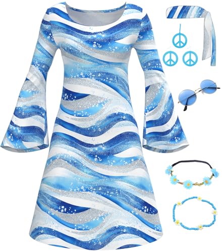 6070s Disco Outfit for Women Blue Wave Print Dress Psychedelic Hippie Costume Set for Halloween Party Cosplay(6070T-03-L)