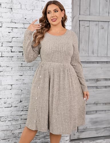 Image of Women's Plus Size Casual Sweater Dress Square Neck Long Lantern Sleeve Tie Waist Loose Pullover Sweater Dresses