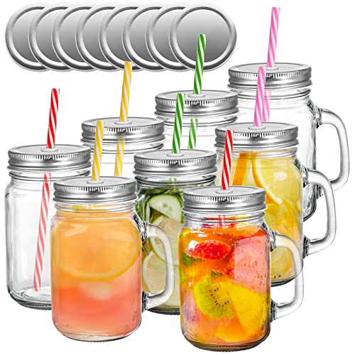 Tosnail 8 Pack 16oz Glass Mason Jar Mugs with Handle, 16 Pcs Tin Lids and 8 Pcs Plastic Straws, 480ml Old Fashioned Mason Jar Drinking Glasses, Clear Glass Cups for Party and Daily Use