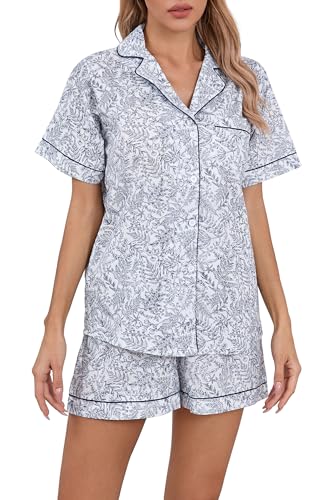 Image of LUBOT 100% Cotton Pajamas for Women 2 Piece PJ Set Poplin Woven Lightweight Ladies Button Short Sleeve Sleepwear S-XXL