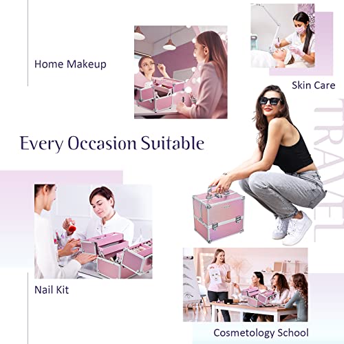 Frenessa Makeup Train Case Cosmetic Organizer Case Portable Travel Storage Box 4 trays with Dividers Lockable Make Up Case for Makeup Artist, Nail Tech, Crafter Makeup Tools Makeup Toiletry Case Mermaid Pink - Thumbnail 3