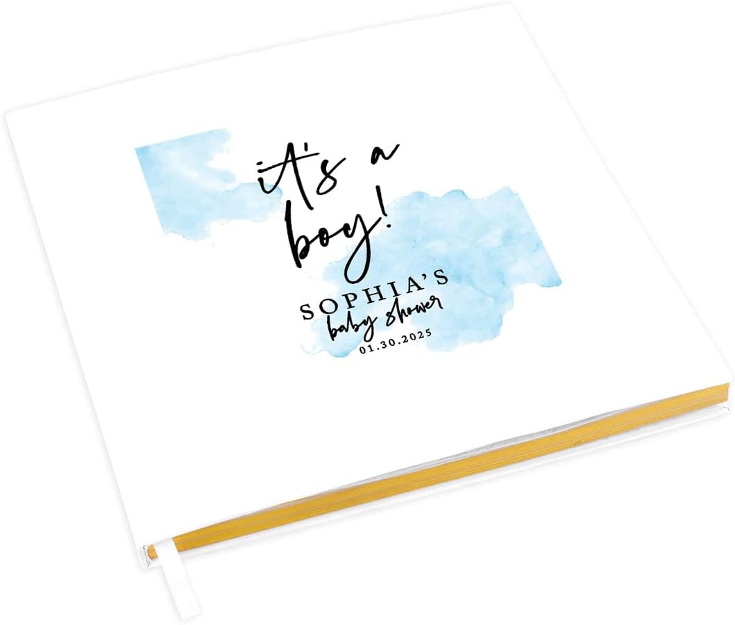 Andaz Press Personalized Baby Shower Guestbook with Gold Accents, Watercolor It's A Boy Custom Guestbook, Blue, White Guest Sign-In Registry, 120 Pages 8.5" Memories Book for DIY Scrapbook Photo Album
