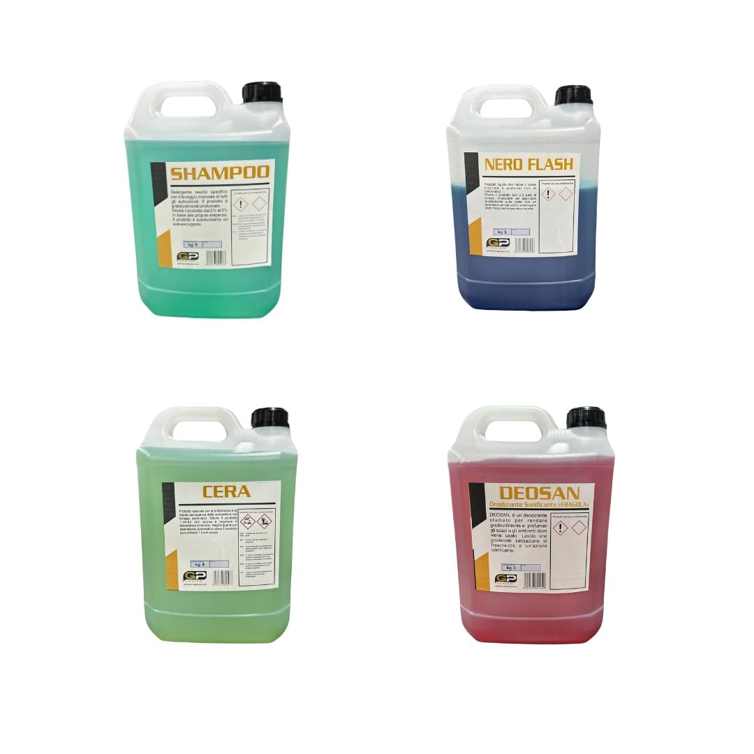 GPDESIGN KIT LAVAGGIO COMPLETO AUTO MOTO CAMION E FURGONI 4 PEZZI. COMBO7 COMPOSTO DA 4 TANICHE DA 5KG OGNUNA DI PRODOTTO CONCENTRATO: NERO GOMME - SHAMPOO - DEODORANTE - CERA