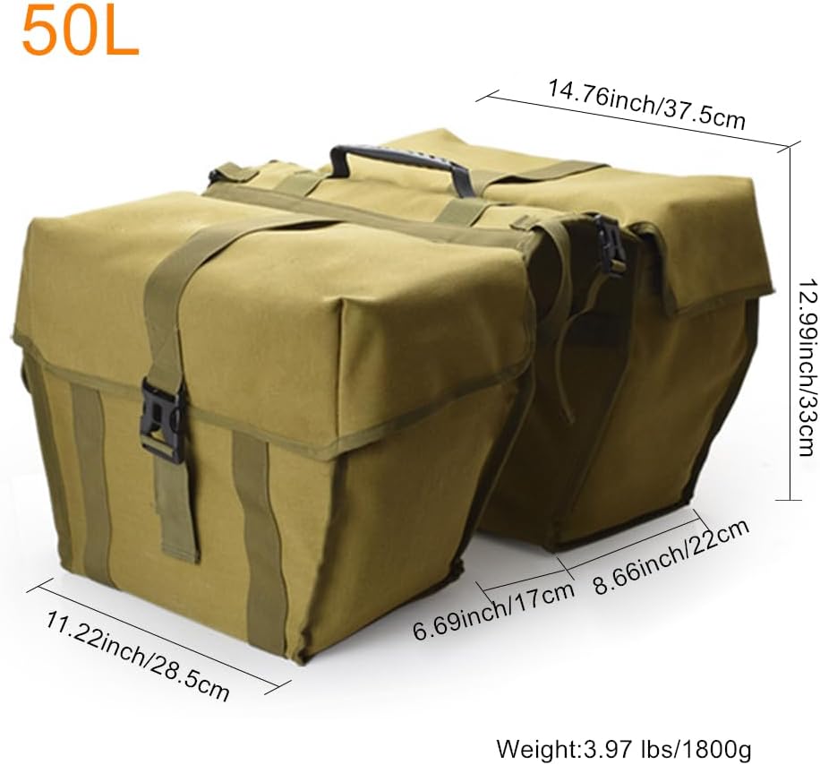 Bike Panniers Double Side Tail Bag Waterproof Canvas Bike Rear Rack Bag Large Capacity Cargo Saddle Rack Trunk Equipment Pack for Mountain Bike Riding Cycling (Military Green_50L)