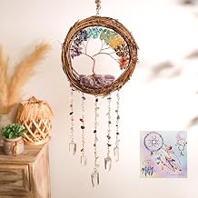 Dream Catcher - Dreamsum 7 Chakra Tree of Life Dream Catcher Native Boho Dreamcatcher Rattan Wall Decor, Handmade Natural Rattan Brown Crystal Hanging Decor for Bedroom Living Room Dark Brown