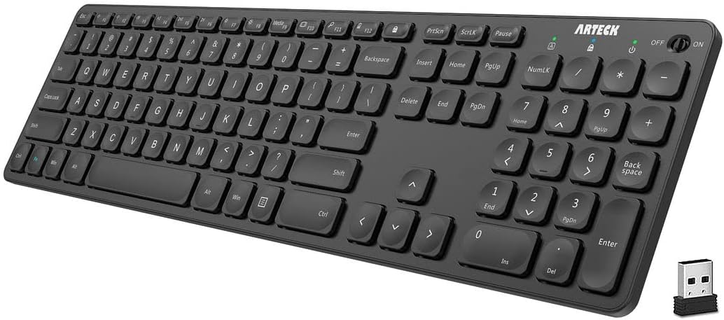 2.4G Wireless Keyboard Ultra Slim Full Size Keyboard with Numeric Keypad and Media Hotkey for Computer/Desktop/PC/Laptop/Surface/Smart TV and Windows 10/8/ 7 Built-in Rechargeable Battery