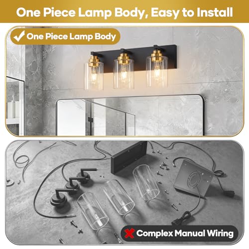 Image of Vanity Lights for Bathroom, 3-Light Black and Gold Bathroom Vanity Light Over Mirror with Clear Glass Shades, Modern Bathroom Light Fixtures for Living Room Hallway Cabinet (Bulbs Not Included)