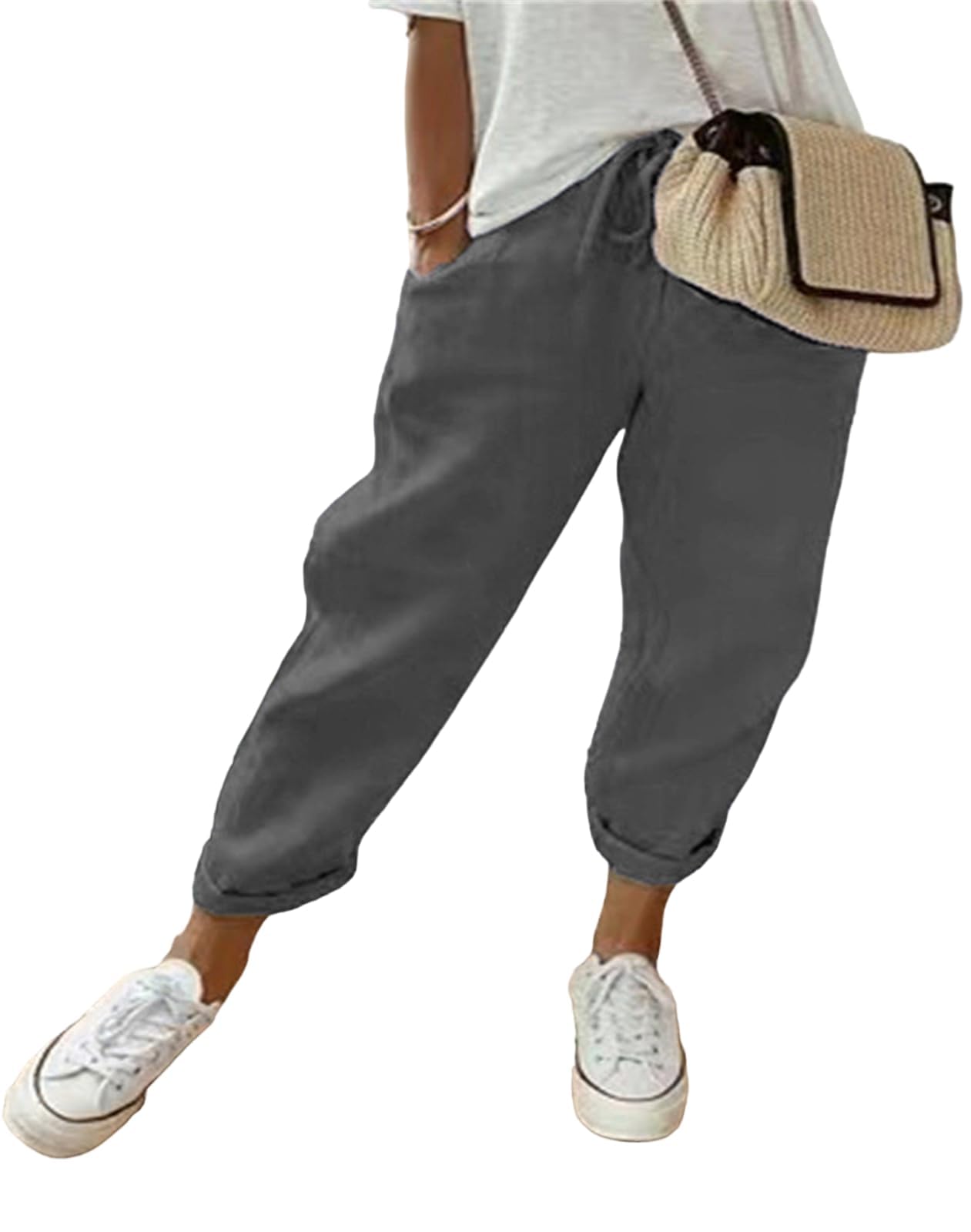 MorFansi Damen Leinenhose Casual Leicht Sommerhose Bequeme Luftige Hose Freizeithose Strandhose mit Taschen