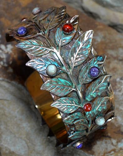 Elaine Coyne Collectible Artwear Bayberry Leaf Cuff Bracelet with Semi-Precious Stones - USA Made2