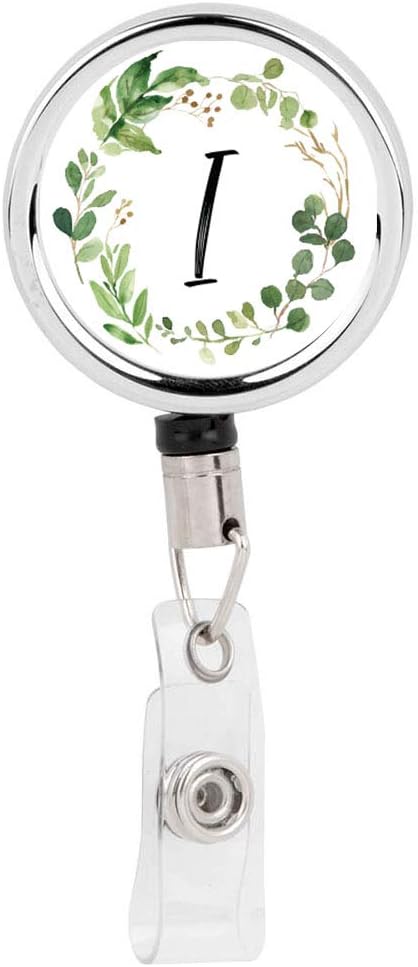 Andaz Press Retractable Badge Reel Holder with Clip, Heavy Duty Metal Name Tag Retractable ID Key Belt Clip Eucalyptus Greenery Monogram, Floral Monogram I