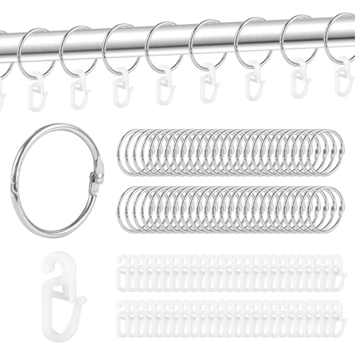 YIMETOP Lot de 50 anneaux de rideau en métal et 50 crochets de rideau en plastique pour fenêtre, porte, rideau de douche, tringle à rideaux (diamètre intérieur 35 mm, argenté)