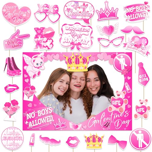 Happy Galentines Day Photo Booth Props Kit, Galentines Day Photo Prop Frame&24 PCS Selfie Photo Booth Accessories with “Happy Galentine’s Day” Signs, Cute Heart Themed Party Deco for Valentine's Day