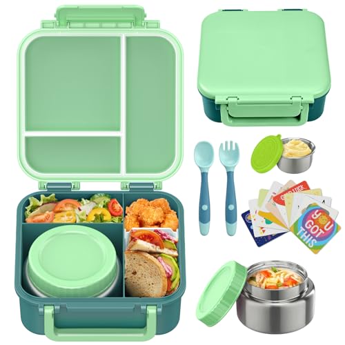 Image of Kids Bento Lunch Box with 9oz Soup Thermo Leakproof Lunch Food Containers 4 Compartment with Insulated Hot Food Jar for Kid Toddler Girls Boys to School, Trvael