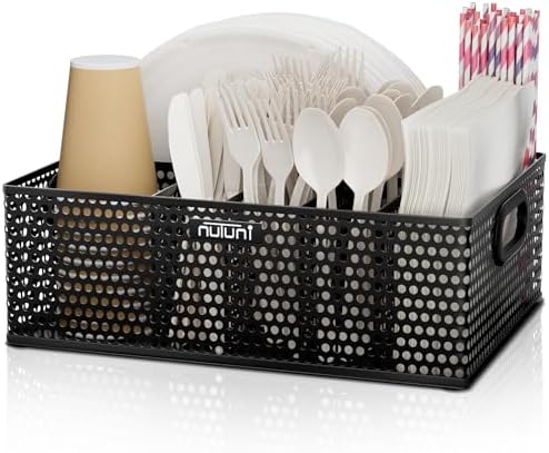 Paper Plate Organizer for Countertop, Heavy Duty Metal Silverware Caddy for Plastic Spoon, Napkin, Utensils Holder with 6 Compartments for Party, Camping, Picnic, BBQ