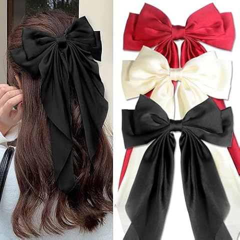 Hair Bows, Barrettes and Scrunchies for Women: 3 PCS Black Satin Ribbon Hairpins with Long Tails, Metal French Clips, and Ponytail Accessories Cover