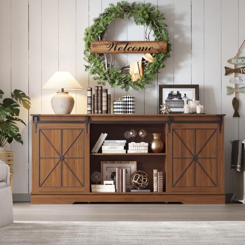 Image of Farmhouse TV Stand for 65 /60 /55 Inch Tvs, Rustic Entertainment Center with Storage Cabinets & Sliding Barn Doors, Modern Media Console Table, Wood Television Furniture for Living Room, Bedroom, Walnut