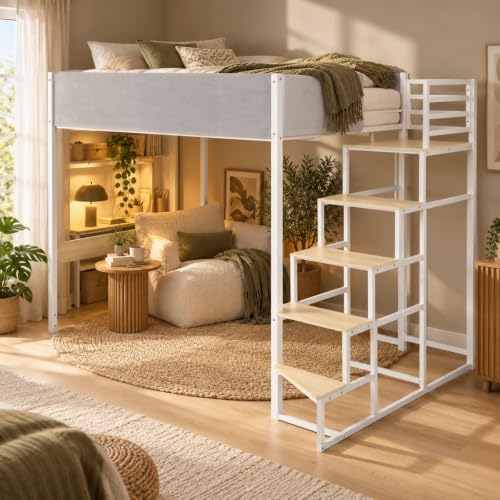 SENHO Hochbett mit Lattenrost und Treppe, wendbar, aus Stoff, Metall und Melamin – Liegefläche 140 x 190 cm – DOCKLAND (Hellgrau, Eiche und Weiß)