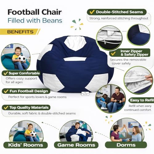 Image of RnS Rest 'n' Sleep Faux Leather Football Bean Bag Filled with Beans | Bean Bag Sofa Chair for Adults & Kids | Home, Office & Restaurant | Capacity Up to 90kg | 1 Year Warranty (White /Navy Blue, XXXL)