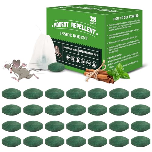 Mouse Repellent Tablets - 28 Pack Powerful Peppermint Oil Rodent Repellent for Indoor & Outdoor Use Cars Home - Also Repels Rats Squirrels Ants Roaches Spiders - Safe for Family & Pets