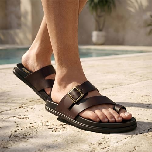 Image of BRUTON Men's STRIVO-1141 Wedge Sandals | Adjustable Buckle Toe Ring Comfort Sandals | Lightweight Cushioned Footbed | Anti-Slip Casual Outdoor & Daily Wear Footwear | Black