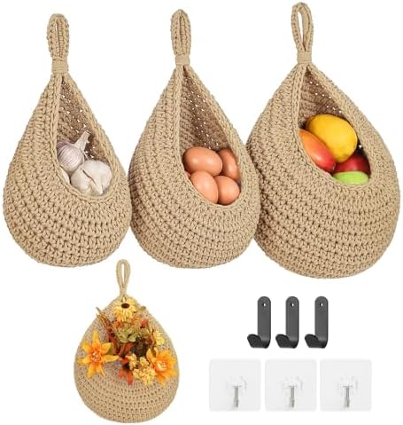 Boho Wall Hanging Fruit Baskets for Kitchen 3 Pack Woven Produce ...