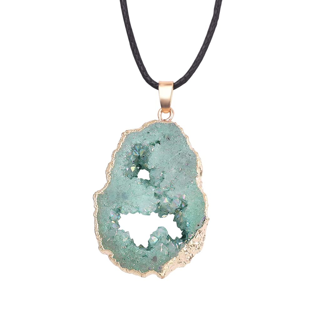 Natural Agate Slice Druzy Necklace - Irregular Slice Natural Quartz Geode Pendant Necklace with Gold Plated Edge, Bohemian Natural Stone Jewelry for Women