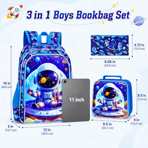 Image of 3Pcs Space Backpack for Boys, School Astronaut Bookbag with Lunch Box, 16 inch Kids Backpacks for Elementary Preschool Kindergarten (Blue)
