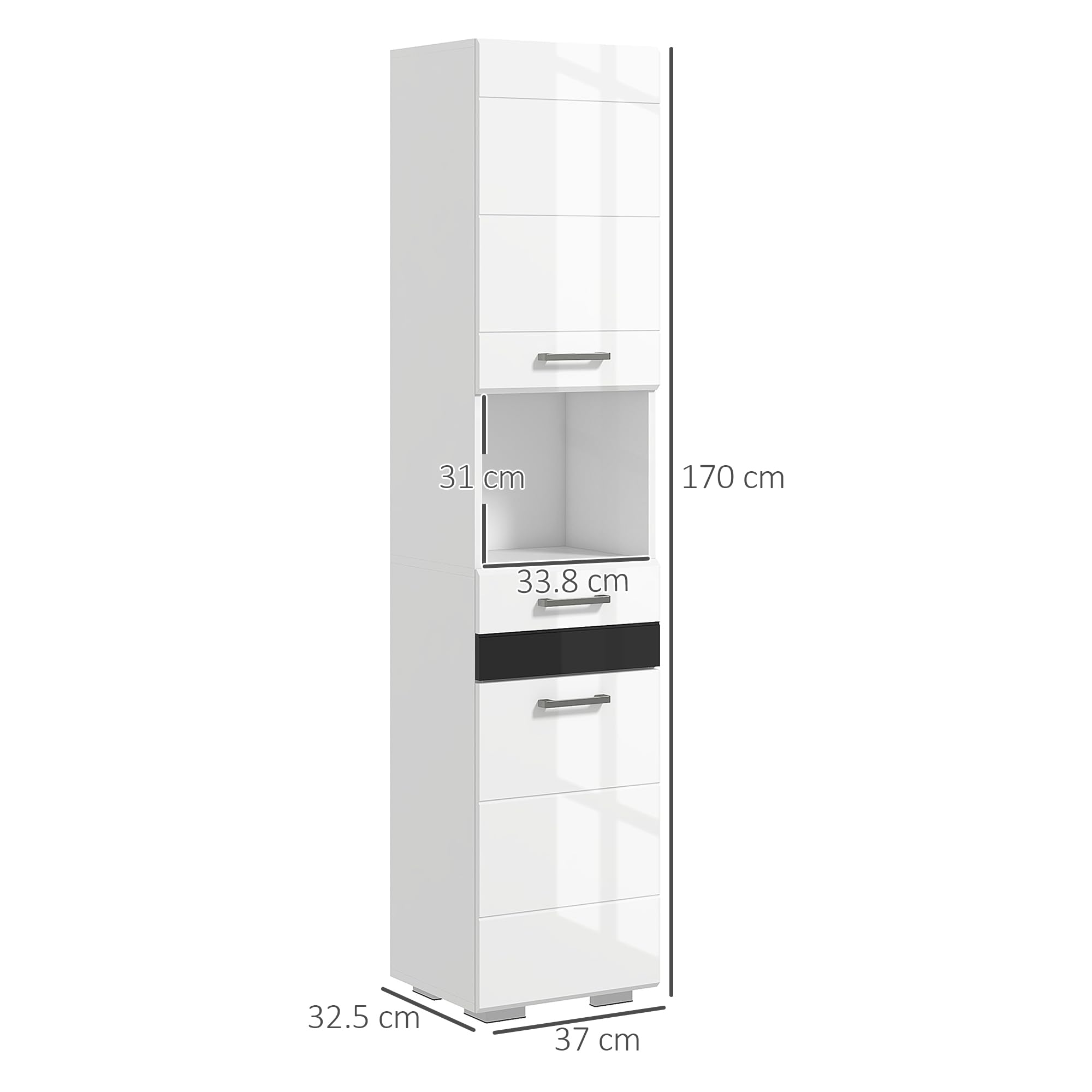 kleankin Colonna Bagno Salvaspzio in MDF, 37x32.5x170 cm Bianco Lucido | Mobile da Bagno, Ripiano Aperto, Cassetto, Armadietto Chiuso