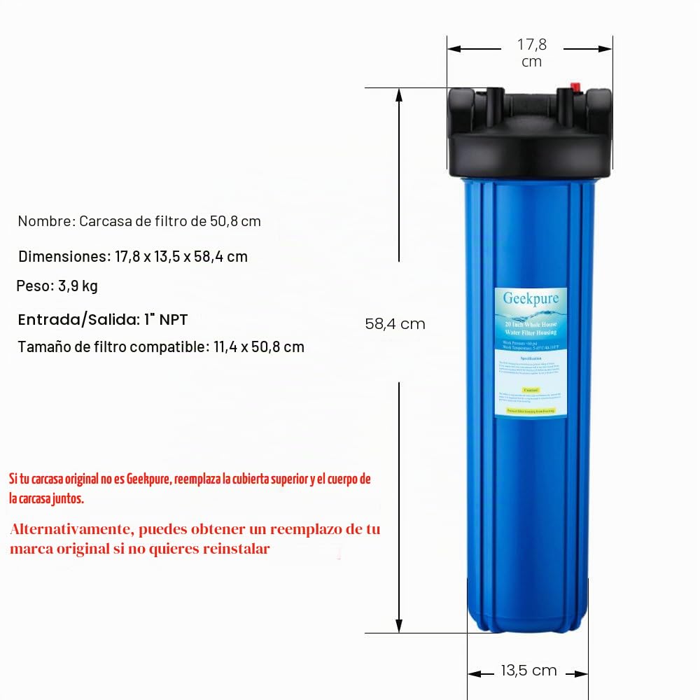 Geekpure Caja del filtro de agua para toda la casa de 20 pulgadas Salida/entrada de 1 pulgada con llave y soporte - 4,5 "x 20" - Color azul (1)