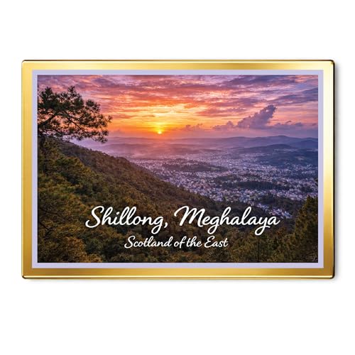 Image of Decorative Fridge Magnet with Glowing Border | Pack of 1 (Shillong, Meghalaya - Scotland of the East, 4x3 inch - Golden Border)