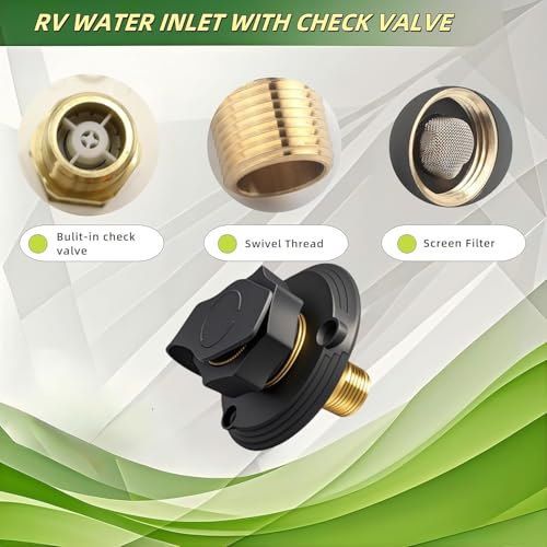 Image of RV City Water Inlet with Brass Check Valve, Fresh Water Fill Flange for Camper Hookup, Durable RV Water Replacement Connection Fittings,Black