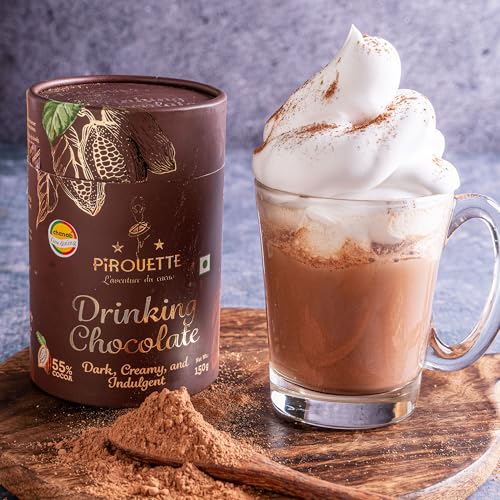 Image of Pirouette Drinking Chocolate | 55% Cocoa | Dark, Creamy & Indulgent | Premium Hot Chocolate Mix with Cocoa Butter, Unrefined Mauritius Dark Brown Sugar & Maldon Sea Salt | No Fillers No milk powder | 150g (6 x 25g Sachets) | Christmas Gifting