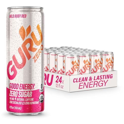 Image of GURU Zero Sugar Energy Drink, Ruby Red Organic Sparkling Energy Drink with 140 MG Natural Caffeine & Coconut Water for Workouts, Performance & Midday Boost, Gluten Free, Vegan, 12 Fl Oz, 24 Pack