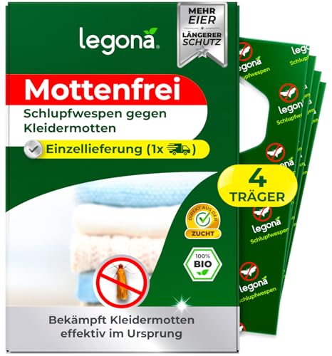 Legona® Schlupfwespen gegen Kleidermotten | 4 Träger à 1 Lieferung | Effektiv Kleider Motten bekämpfen | Alternativer Mottenschutz für Kleiderschrank, Mottenfalle Kleidermotten, Mottenspray