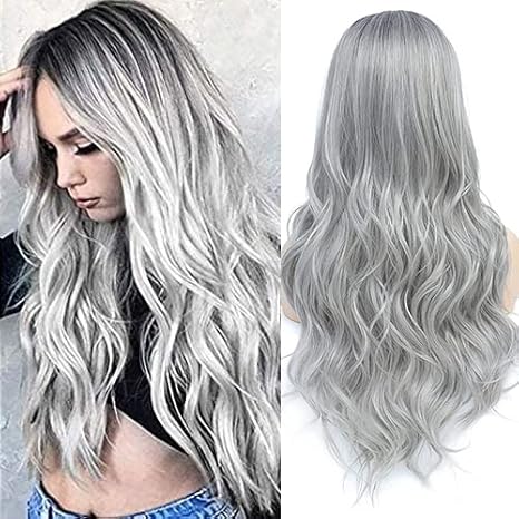 Ligtmor Halloween Perücke Damen - 68cm Graue Gewellte Perücke Mit Accessoires