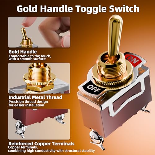 Image of DaierTek Toggle Switch 12V with Gold Handle SPST 12 Volt 30A Heavy Duty On /Off DC Automotive Industrial Car Rocker Toggle Switch