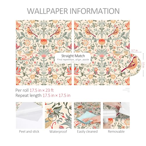 Papier peint vintage oiseau feuilles autocollant et repositionnable - 8