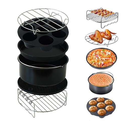 Ensemble d'accessoires Airfryer - 6 pièces pour XL & XXL (Ø20 cm) - Convient pour Philips, COSORI, Princess - Moule à pizza, moule à muffins, porte-brochettes, tapis en silicone (20 cm)